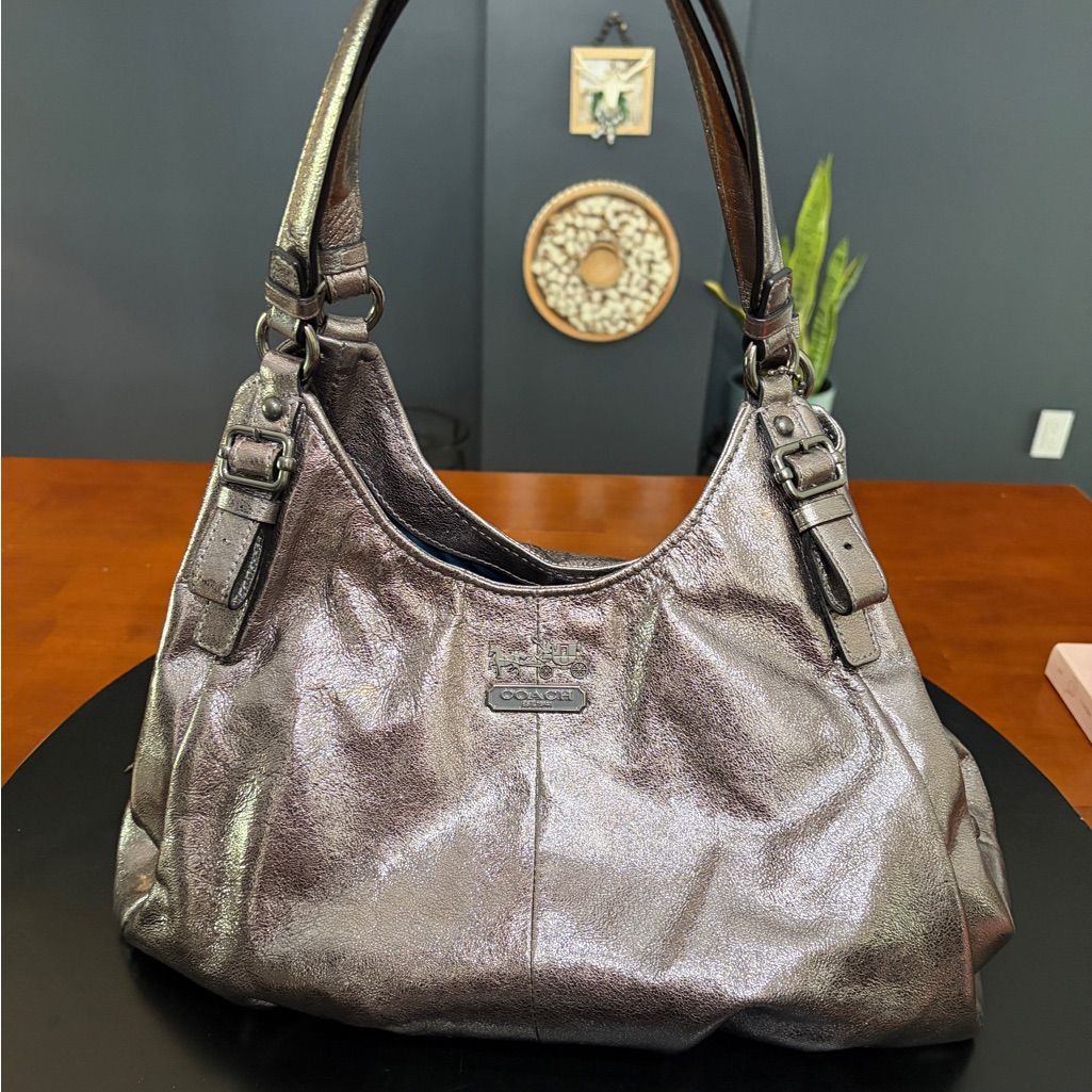 Coach Metallic Leather Shoulder Hobo Bag - Pewter